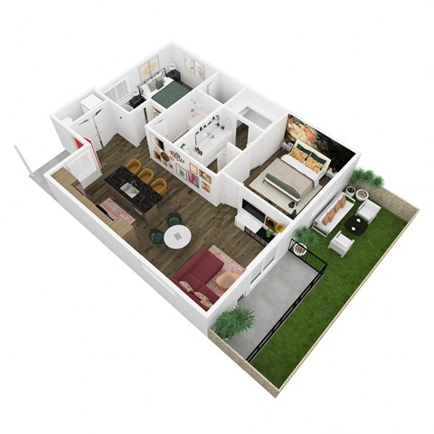 3d floor plan of a house with a bedroom and a living room